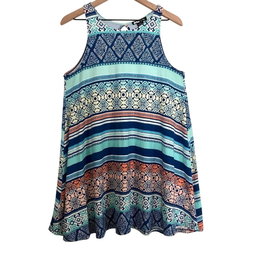 Planet Gold Blue Multicolor Geometric Stripes Mini Summer Tank Top Dress Medium